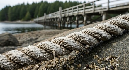 Fototapeta premium Weathered rope on rocky shore with wooden pier in background