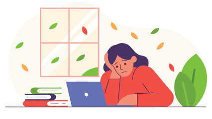 Stressed woman looking at laptop at home, resting her cheek on hand, with autumn leaves falling outside.