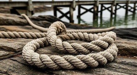 Fototapeta premium Coiled rope on rocky dock by serene water with wooden pier