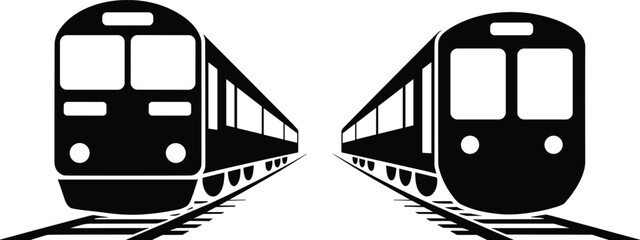 Two black train locomotives facing each other on parallel railway tracks engine railroad © MdShahin