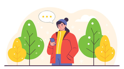 Annoyed woman looking at her mobile phone with a message loading bubble, standing outdoors in a snowy park.