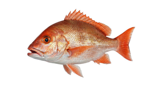 鮮やかな赤色の体とヒレを持つ、新鮮なフエダイ科の魚が白い背景に分離された状態で横向きに撮影された写真。