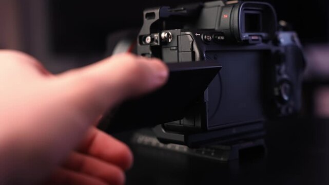 Hand grips mirrorless body while framing through the electronic viewfinder, showing top dials and controls in moody studio light with shallow depth for creator tech b-roll.