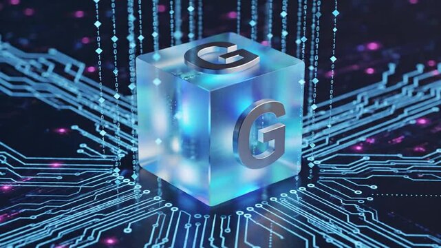 A glowing blue cube with a silver G logo is centered amidst circuit board lines and purple lights on a dark background from a high viewpoint