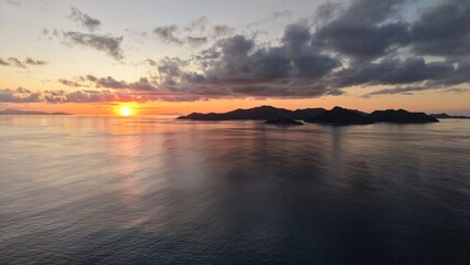 Fototapeta premium Aerial view of Praslin Island coastline during sunset, Seychelles