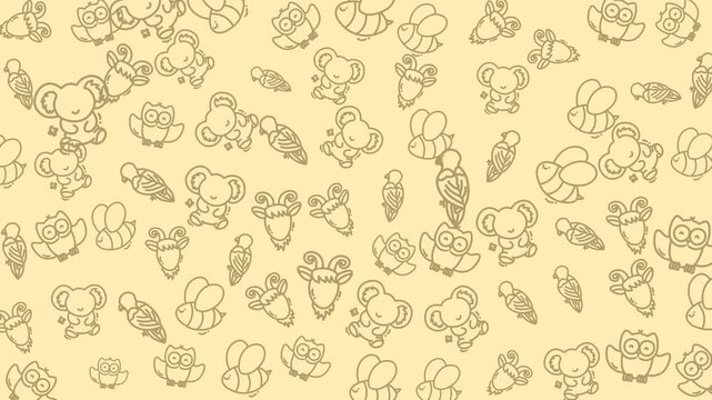 Doodle animal pattern koala owl bee bird goat cute seamless, ideal for children's designs, nursery decor, wallpapers, fabric prints, and whimsical backgrounds.