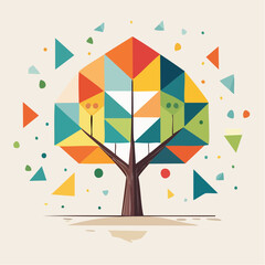 Fototapeta premium Geometric tree illustration with colorful abstract shapes, symbolizing growth and nature