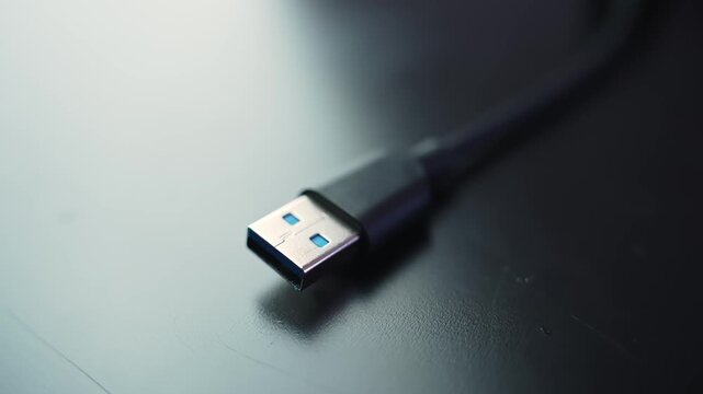 Macro close-up of a USB-A plug on a black cable resting on a dark desk with shallow depth of field and copy space, ideal for tech, charging, and data transfer visuals.