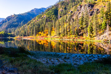 The calm water of the Wenatchee River reflects the beautiful colors of the autumn forest near Leavenworth, Washington