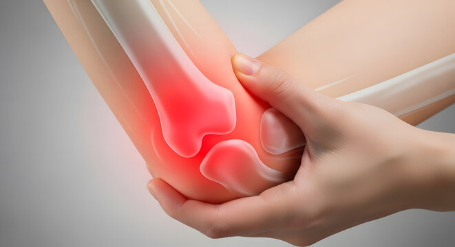 Elbow pain medical illustration of joint inflammation and arm injury