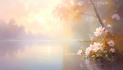 Fototapeta premium Ethereal lake scene with flowers and soft, pastel light