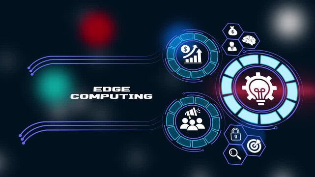 Edge Computing technology concept animation with digital icons and futuristic glowing elements on dark background, 4K.