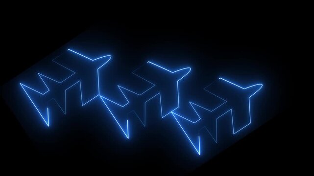 Glowing neon rocket icon isolated on black background. Spacecraft flight, space technology, startup launch, business boost. Airplane line path animation.