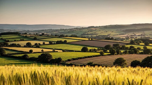 Rolling green and golden patchwork fields in the countryside at sunset