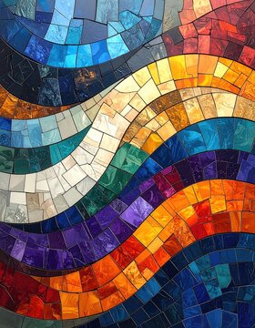 Wavy stained-glass mosaic in vibrant, colorful tiles