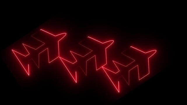 Glowing neon rocket icon isolated on black background. Spacecraft flight, space technology, startup launch, business boost. Airplane line path animation.