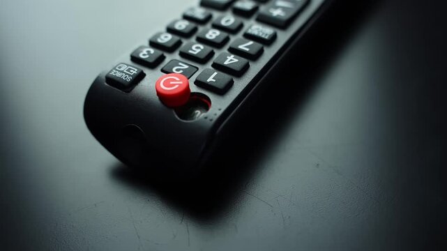 Broken TV remote with missing power button on a dark table, shot in macro with shallow focus and copy space. Concept for device failure, troubleshooting, repair service, and streaming issues.