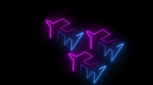 Glowing neon rocket icon isolated on black background. Spacecraft flight, space technology, startup launch, business boost. Airplane line path animation.