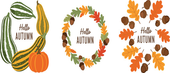 Autumn Fall Greetings Vector Set with Pumpkin, Gourds, Acorns, and Colorful Leaves Wreaths © MstSufia