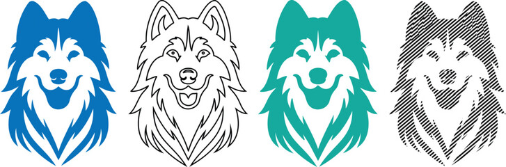 Graphic kit of wolf head icons including various styles like outline solid and patterned designs for mascot and logo © MD