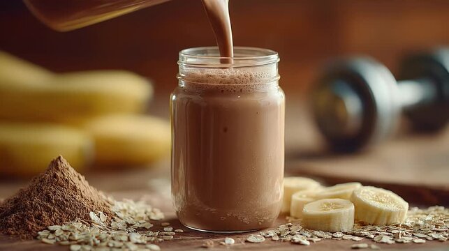 Chocolate protein shake pouring into a glass jar showing ingredients like bananas oats and protein powder with a blurred background