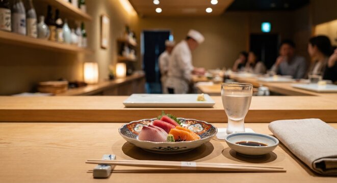 Japanese omakase sashimi plate and sake at sushi counter