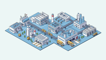 Fototapeta premium Expansive isometric industrial plant complex featuring multiple warehouse buildings, conveyor systems, loading docks, and transport trucks.