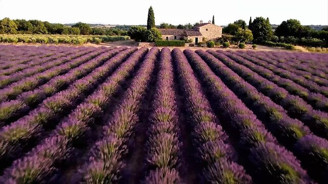 Aerial Drone View of Lavender Field in Provence France with Farmhouse.