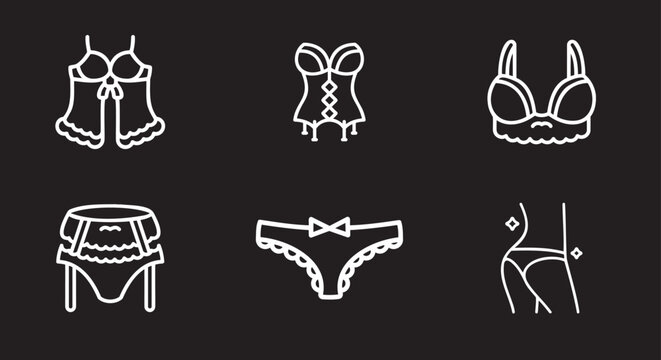 Set of female lingerie and undergarment icons including bra corset and panties for fashion retail and beauty products