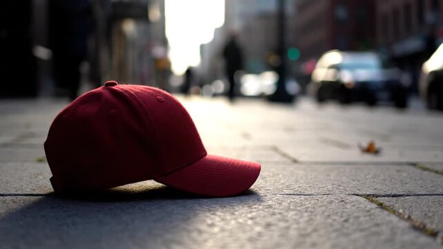 Red Cap Lying on Pavement in City Street.