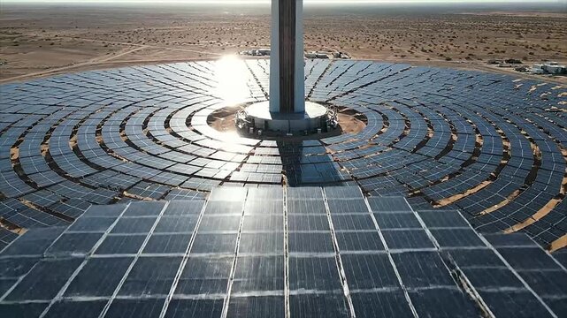 Aerial view of a large solar power plant in the desert, generating clean energy from the sun.