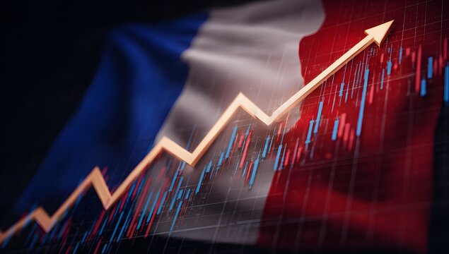 france financial market shows strong growth with stock market chart indicating positive trend and rising arrow on french flag background
