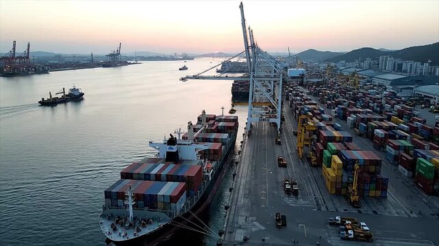 Container Ship Docked at Busy Port During Sunset with Cranes and Cargo.
