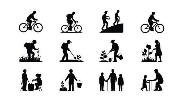 Collection of black silhouette icons depicting people engaging in various outdoor activities and gardening