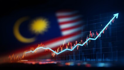 Malaysia economy growth chart rising upwards showing positive trend with national flag in background and blue upward arrow indicating financial success and investment opportunities