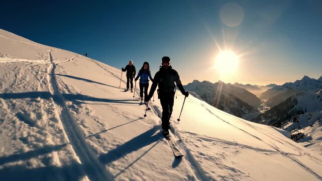 Three ski tourers ascending snowy mountain slope during sunset with sun flare over valley