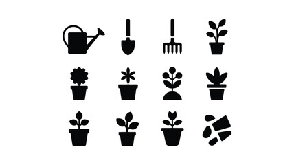 Obraz premium A clean graphic design featuring twelve black silhouettes of plants gardening tools and footwear on a white background for modern agriculture and horticulture themes