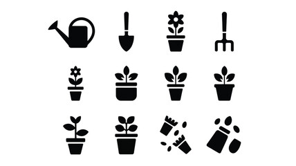 Obraz premium Graphic design featuring twelve gardening icons including watering can shovel fork and potted plants on white background for landscaping and cultivation themes