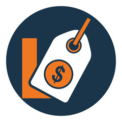 Price tag with dollar sign and orange label on blue circle  financial symbol icon