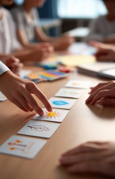 Child pointing at sun flashcard on classroom table