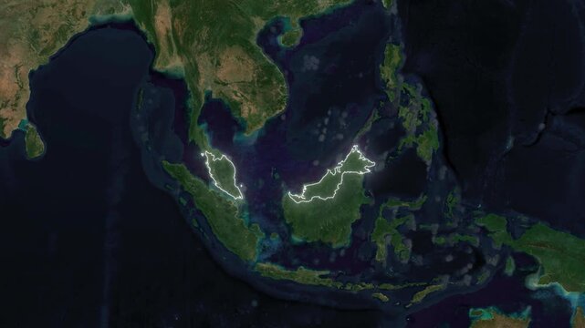 World Map to Country Zoom Animation with Glowing Border Outline Malaysia
