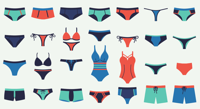 Collection of various swimwear and beachwear for men and women.