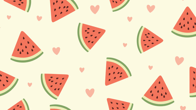 Sweet seamless pattern displaying an appetizing arrangement of fresh watermelon slices and tiny pink hearts, artfully scattered across a light cream background.