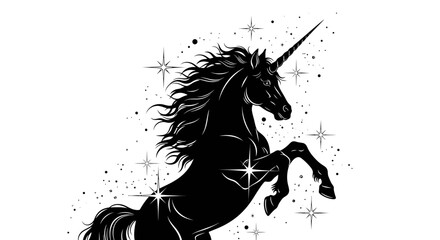 Black silhouette of a unicorn with flowing mane and stars. © Abhinaya Project