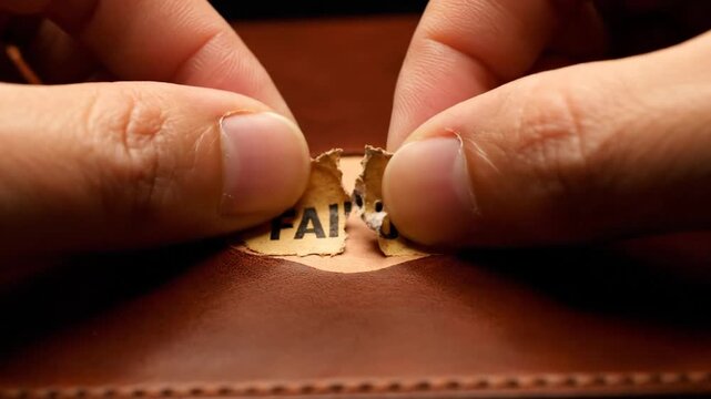 Hands tearing a paper with the word FAKE on it from a brown leather surface
