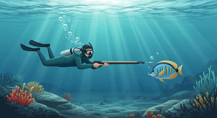 Scuba diver underwater exploring coral reef with fish. © Abhinaya Project