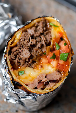 Delicious gourmet burrito cut in half revealing savory meat, cheese, tomato, and herbs on foil wrap for Burrito Day celebration
