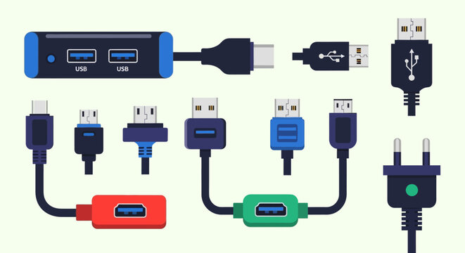 Various USB connectors and adapters for different devices.