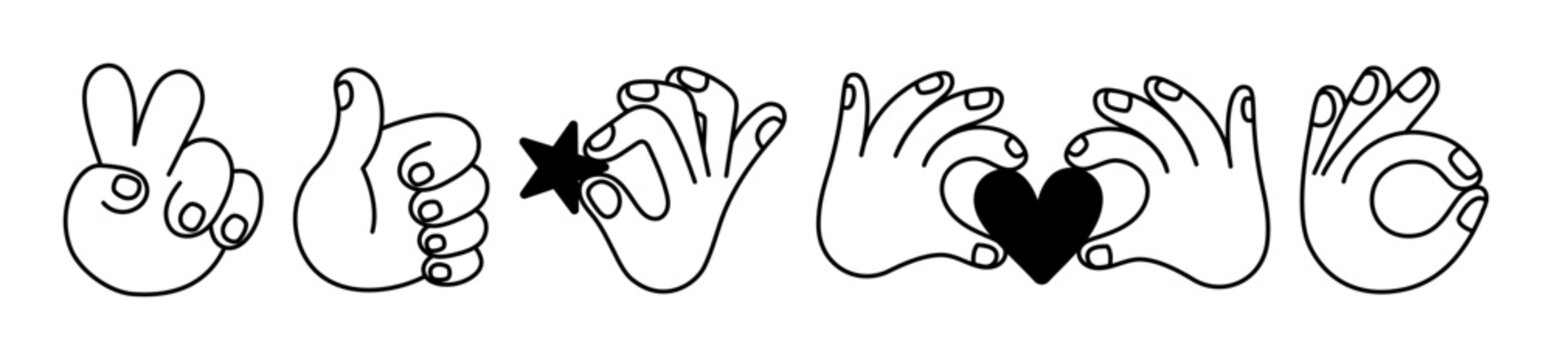 Vector hand drawn gestures and hands, sketchy illustrations, signs, expressions with pointing fingers. OK symbol, handshake, showing heart symbol
