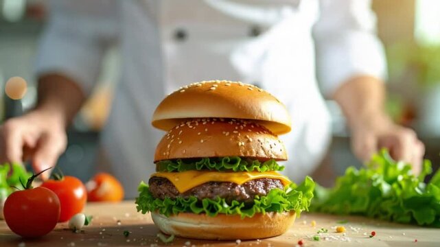 Chef assembling a delicious cheeseburger with fresh ingredients